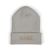 A grey cuffed beanie with "COFFEE" spelled out using periodic table elements embroidered on the front.