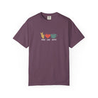 A dark purple heavyweight cotton t-shirt featuring a peace sign, heart, and coffee cup graphic.