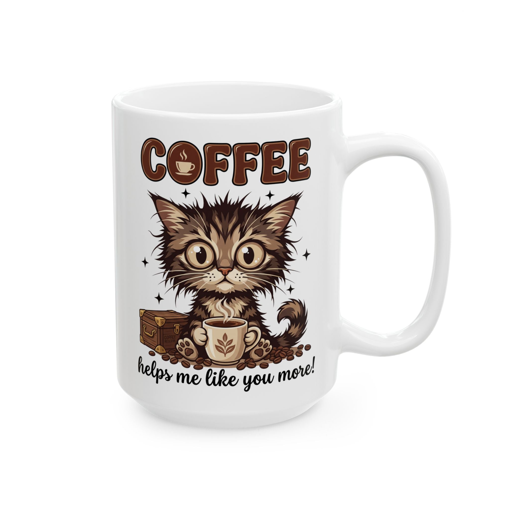 White ceramic mug featuring a fluffy kitten holding a coffee cup with the text Coffee helps me.