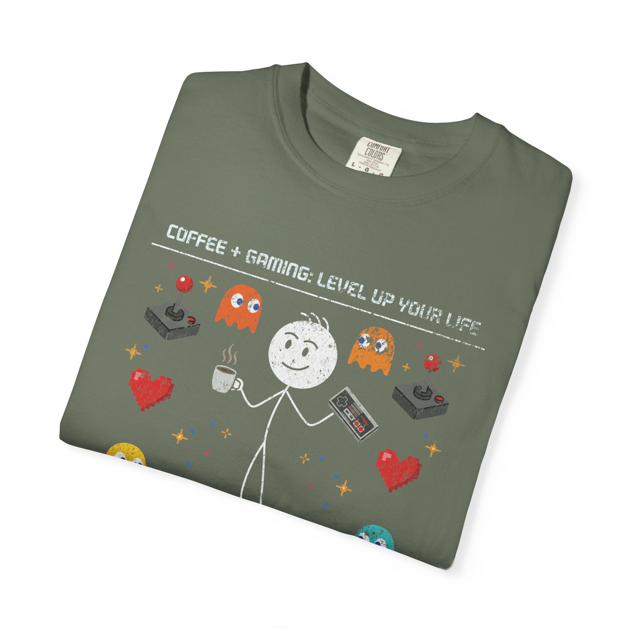 Olive green graphic t-shirt featuring a stick figure with coffee and a game controller.