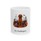 Personalized Redbone Coonhound dog Halloween mug, 11oz white ceramic, with custom pet name on front