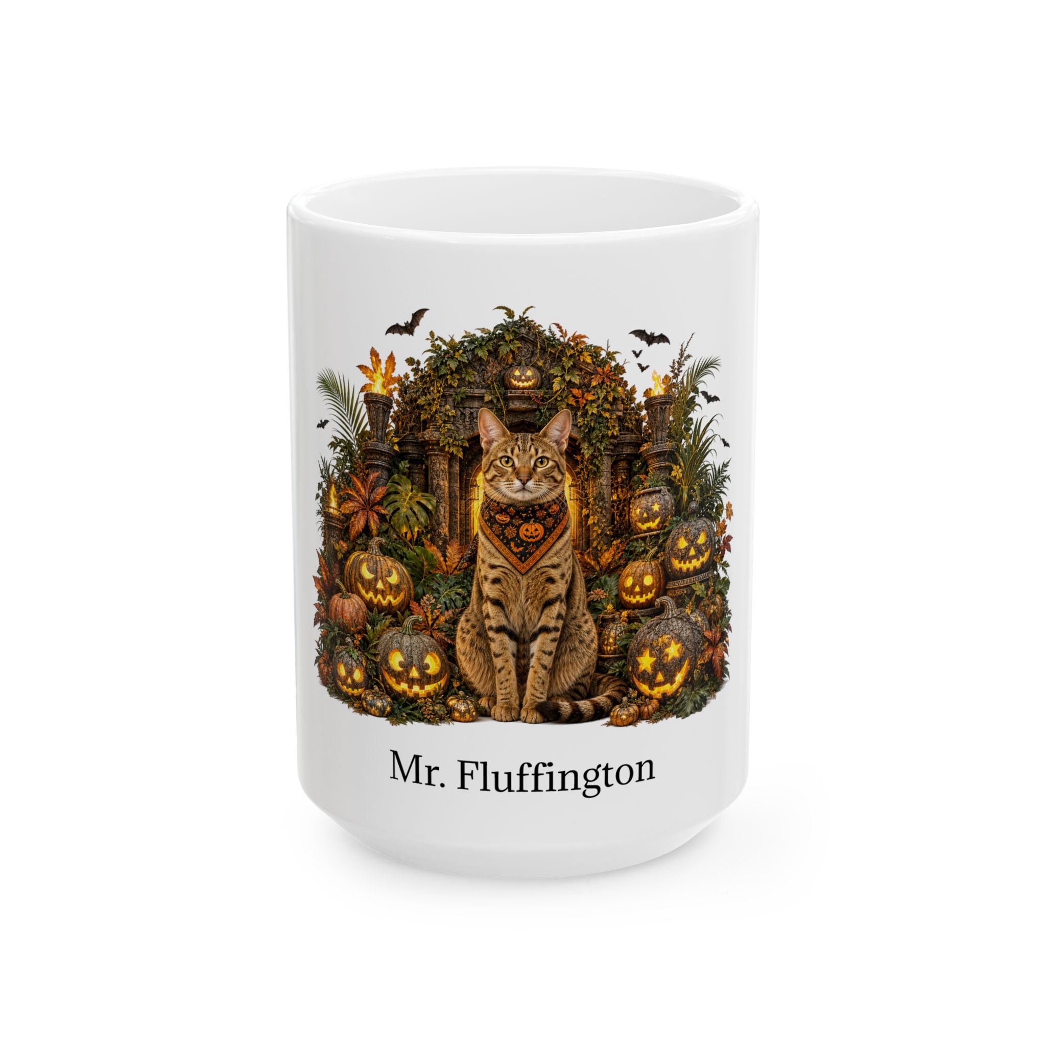 Angled Ocicat cat Halloween mug with personalized pet name and fall design — image 3