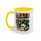 White ceramic mug with a yellow handle and rim, featuring a retro skull and coffee graphic.
