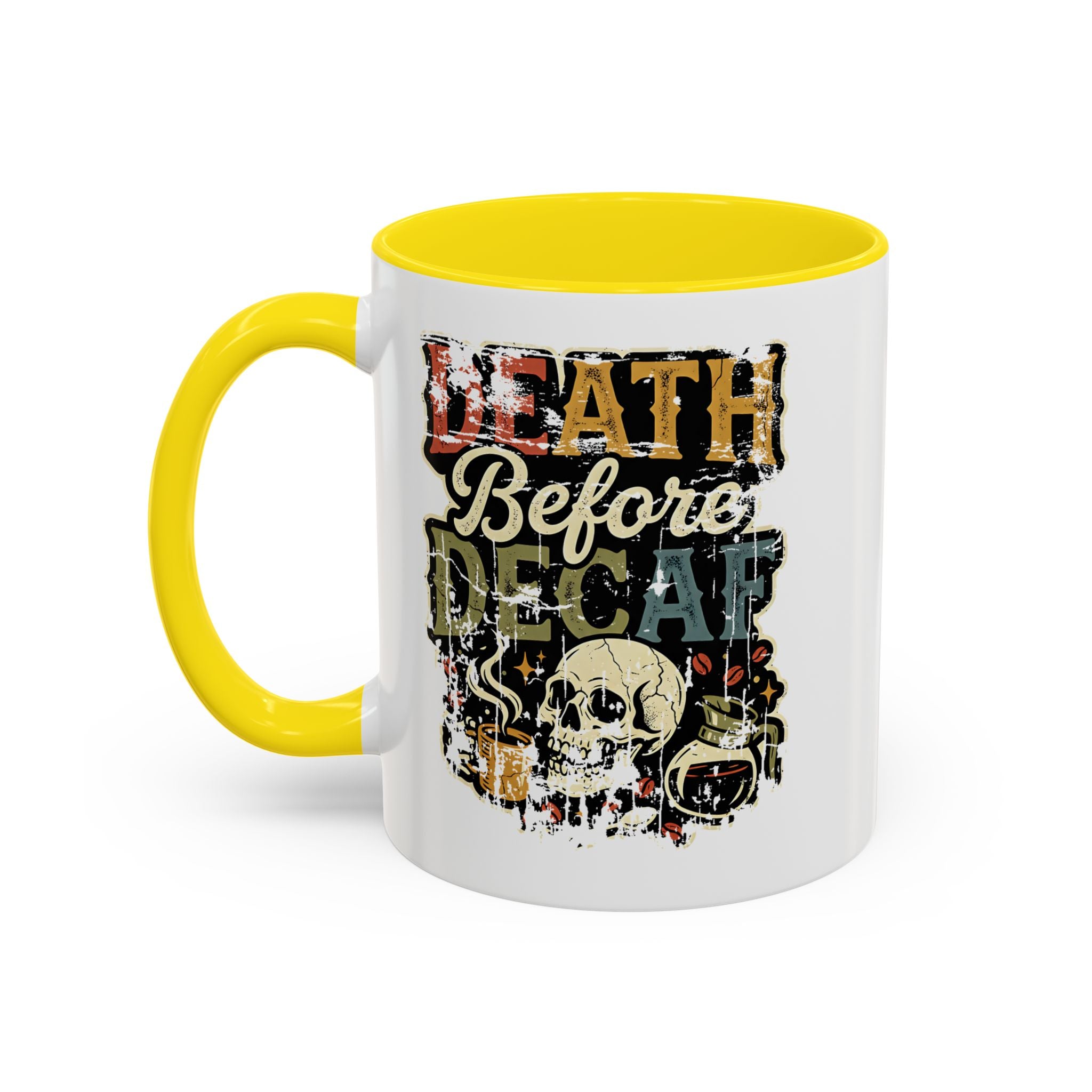 White ceramic mug with a yellow handle and rim, featuring a retro skull and coffee graphic.