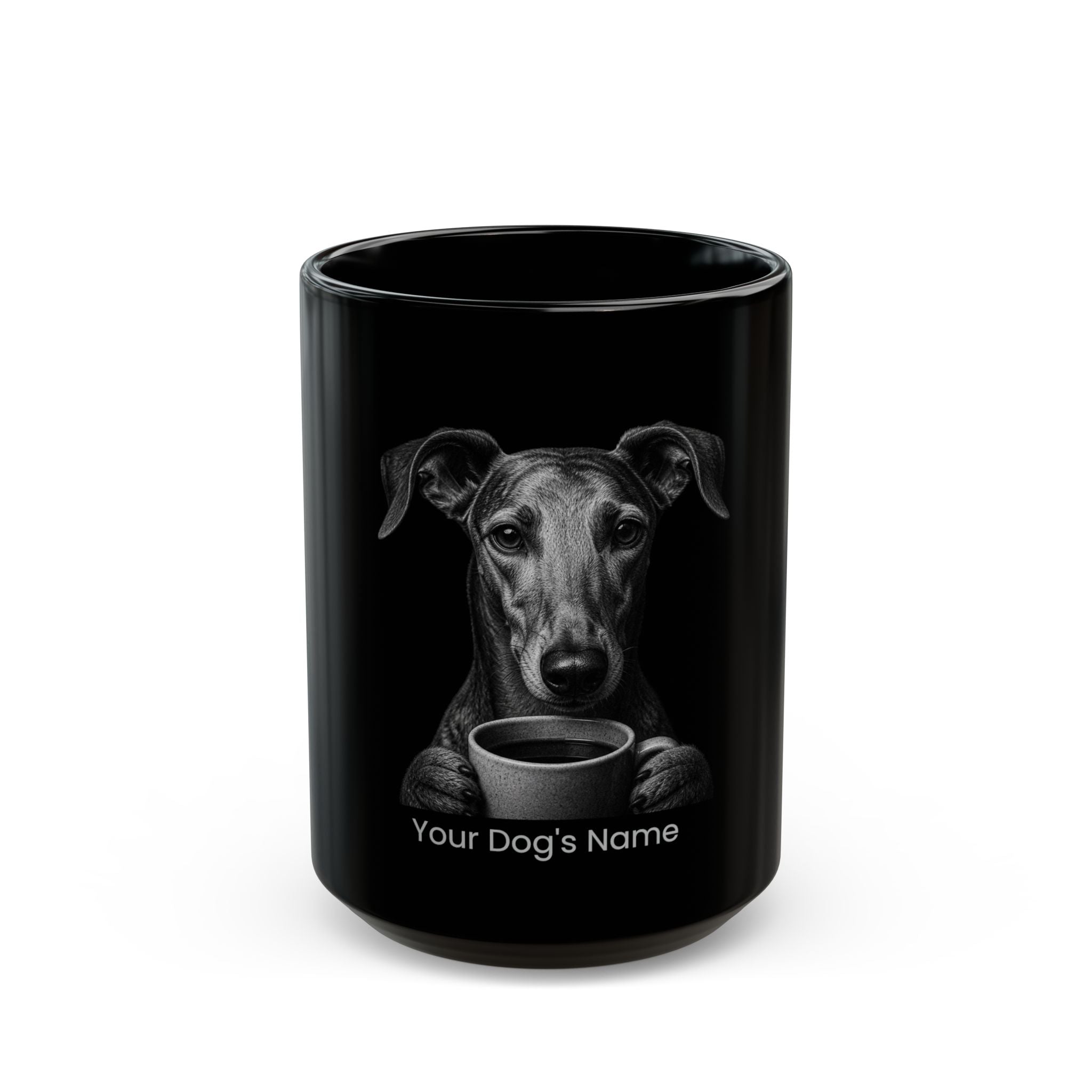 Personalized Greyhound black ceramic coffee mug with custom dog name