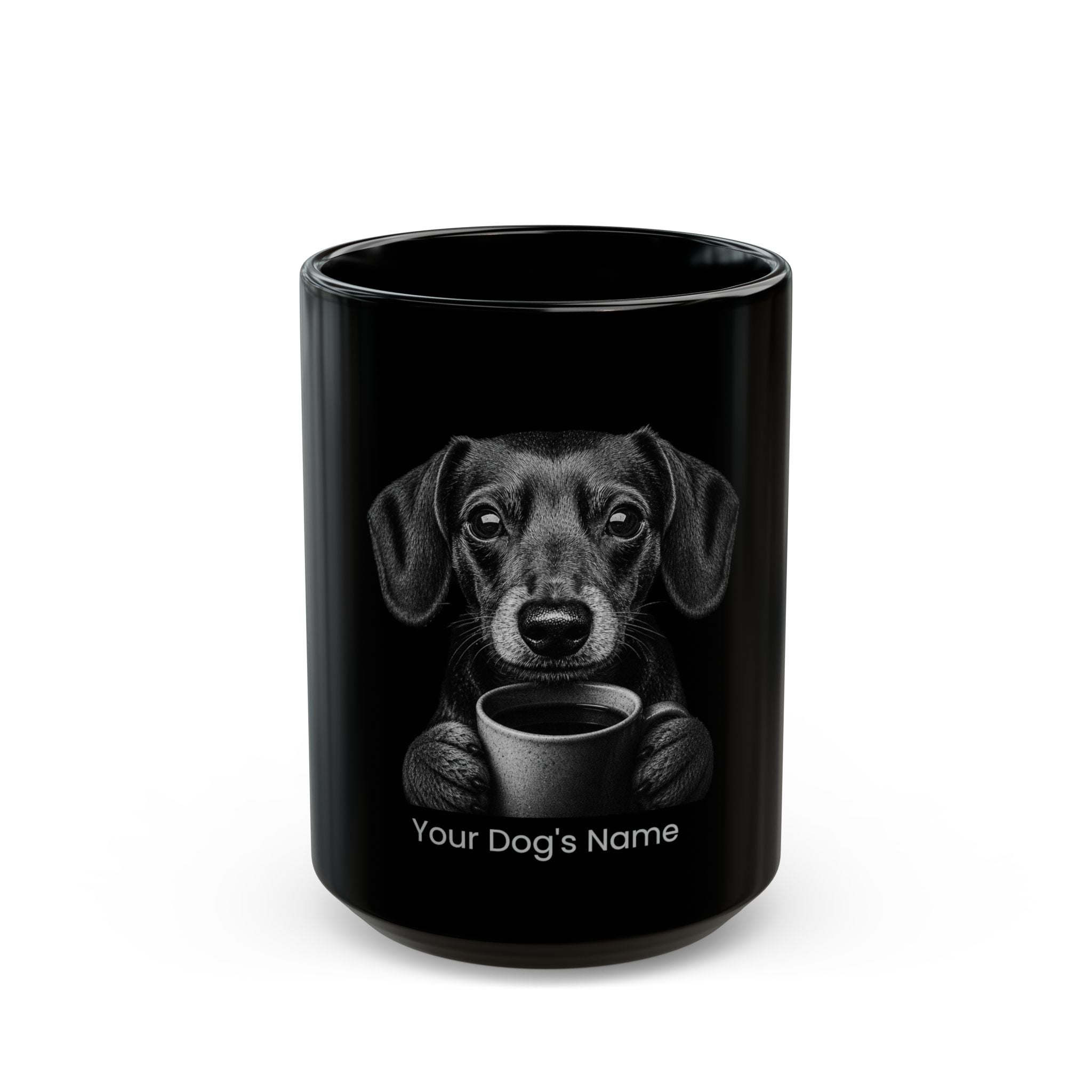 Personalized Miniature Dachshund black ceramic coffee mug with custom dog name