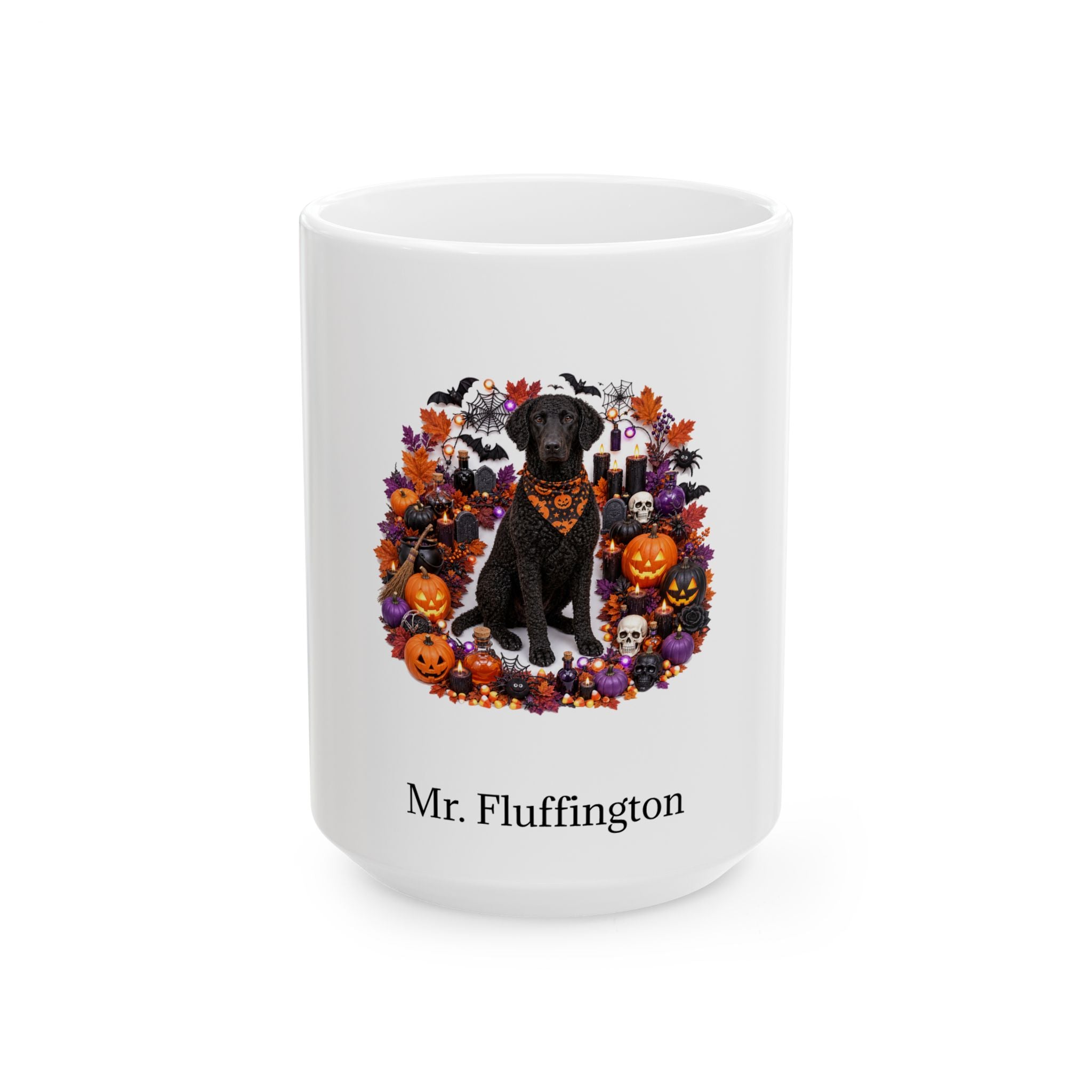 Personalized Curly-Coated Retriever dog Halloween mug, 11oz white ceramic, with custom pet name on front