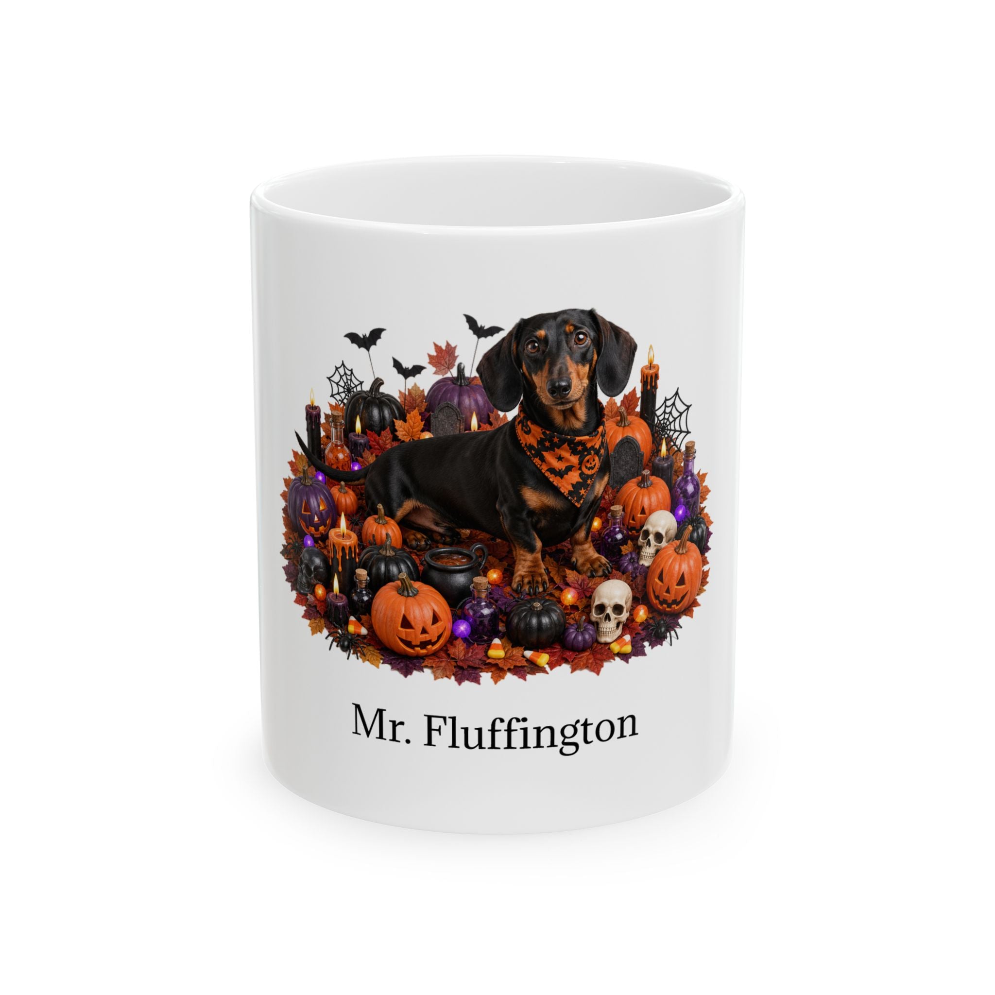 Personalized Dachshund dog ceramic coffee mug with Halloween artwork and custom name — image 2