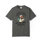 Charcoal grey t-shirt featuring a grumpy duck holding a coffee mug with funny text.