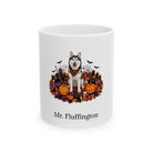 Personalized Siberian Husky dog Halloween mug, 11oz white ceramic, with custom pet name on front