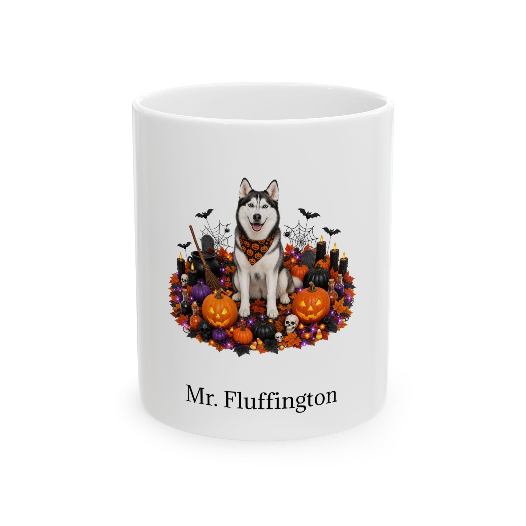 Personalized Siberian Husky dog Halloween mug, 11oz white ceramic, with custom pet name on front