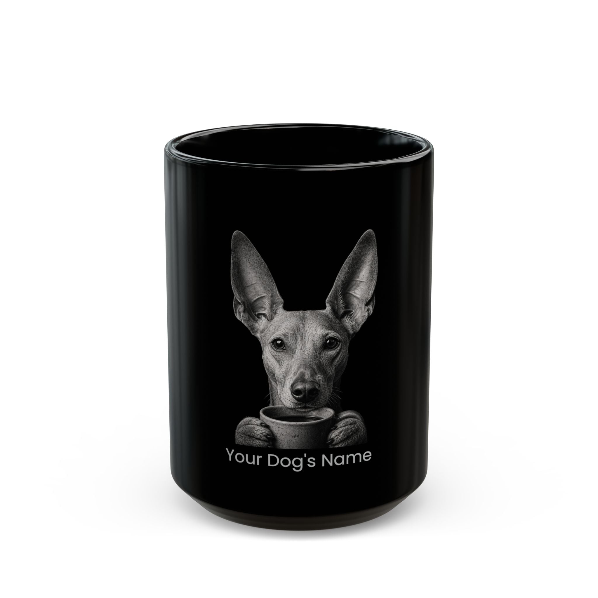 Personalized Pharaoh Hound black ceramic coffee mug with custom dog name