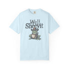 Light blue unisex cotton t-shirt featuring a distressed graphic of a cowboy frog holding a mug.
