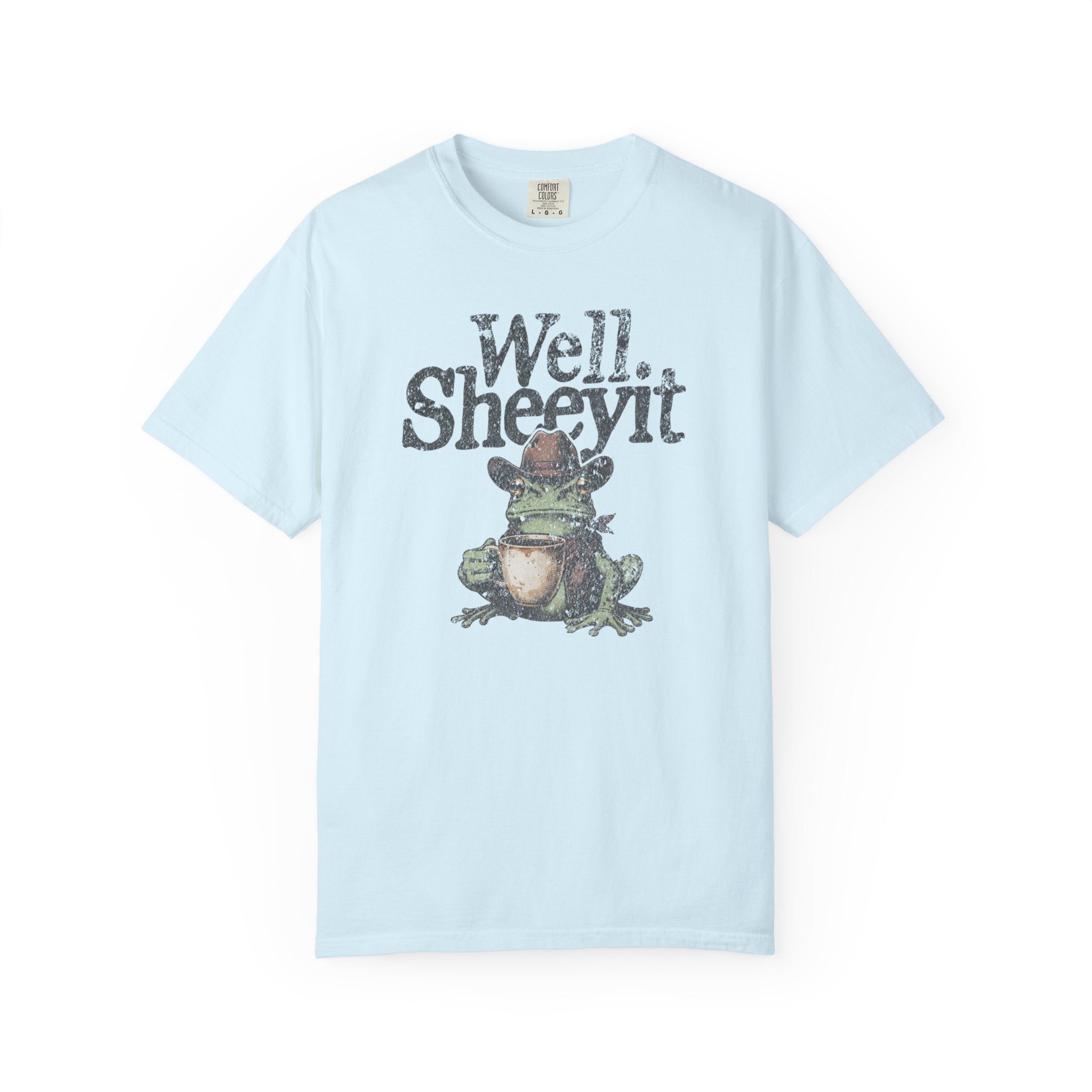 Light blue unisex cotton t-shirt featuring a distressed graphic of a cowboy frog holding a mug.
