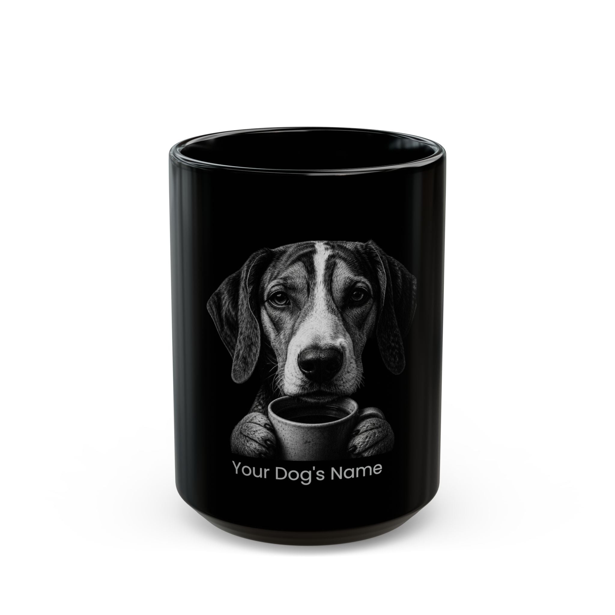 Personalized English Foxhound black ceramic coffee mug with custom dog name