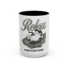 White ceramic mug with a black rim featuring a frog wearing sunglasses on a leaf with coffee.