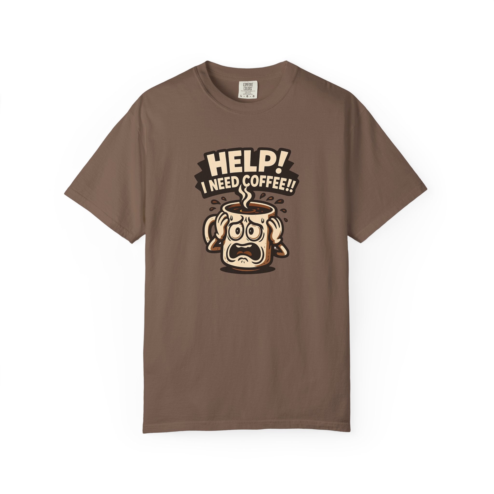 A brown oversized cotton t-shirt featuring a graphic of a panicked coffee mug.
