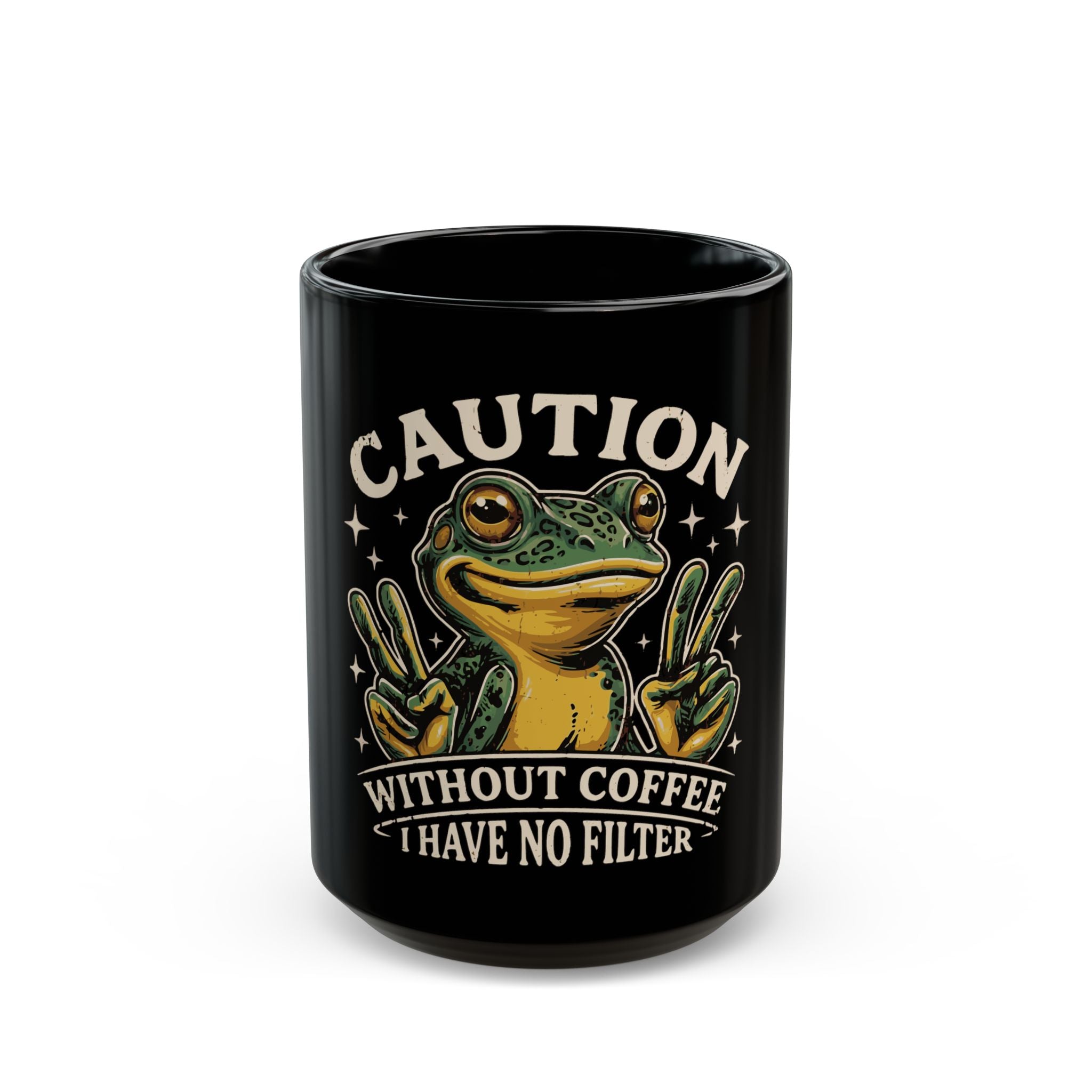 Black ceramic mug featuring a green frog making peace signs with the text Caution No Filter.