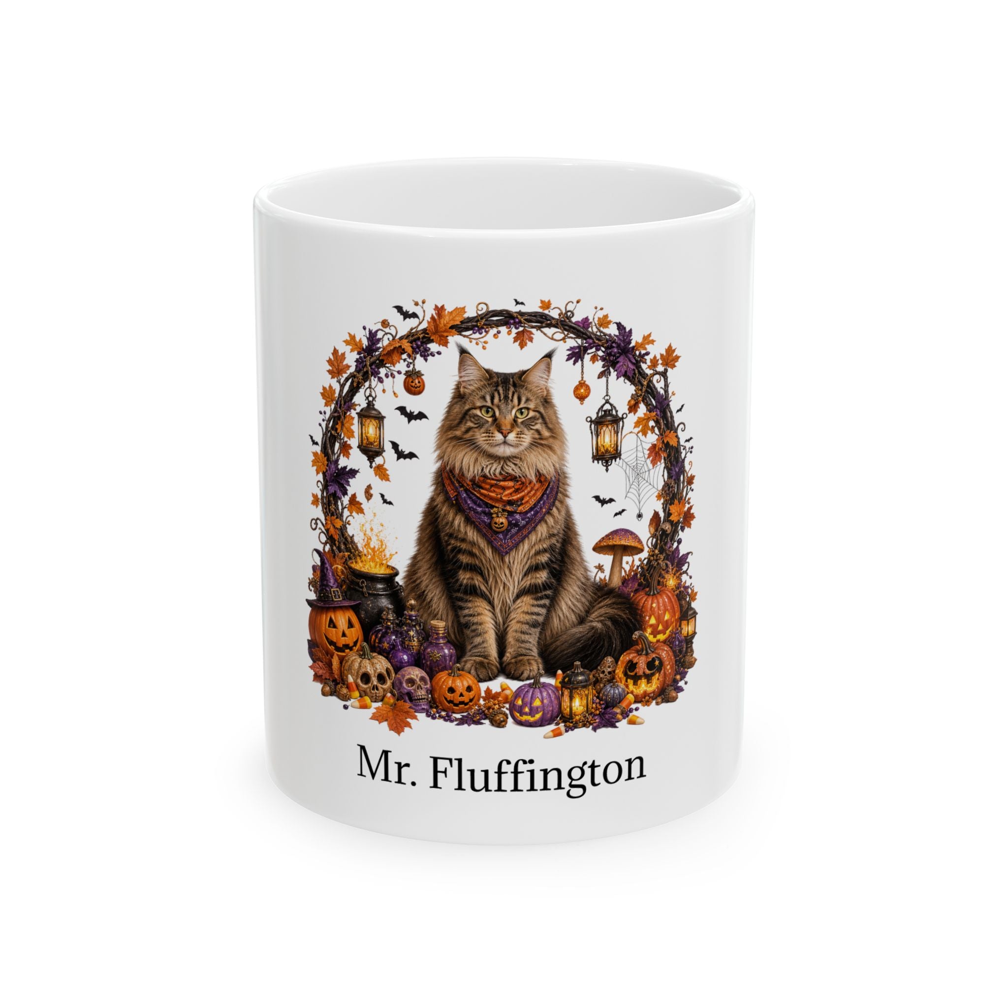 Personalized Siberian cat ceramic coffee mug with Halloween artwork and custom name — image 2