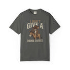 Charcoal grey unisex t-shirt with a distressed graphic of a cowboy rat riding a donkey.