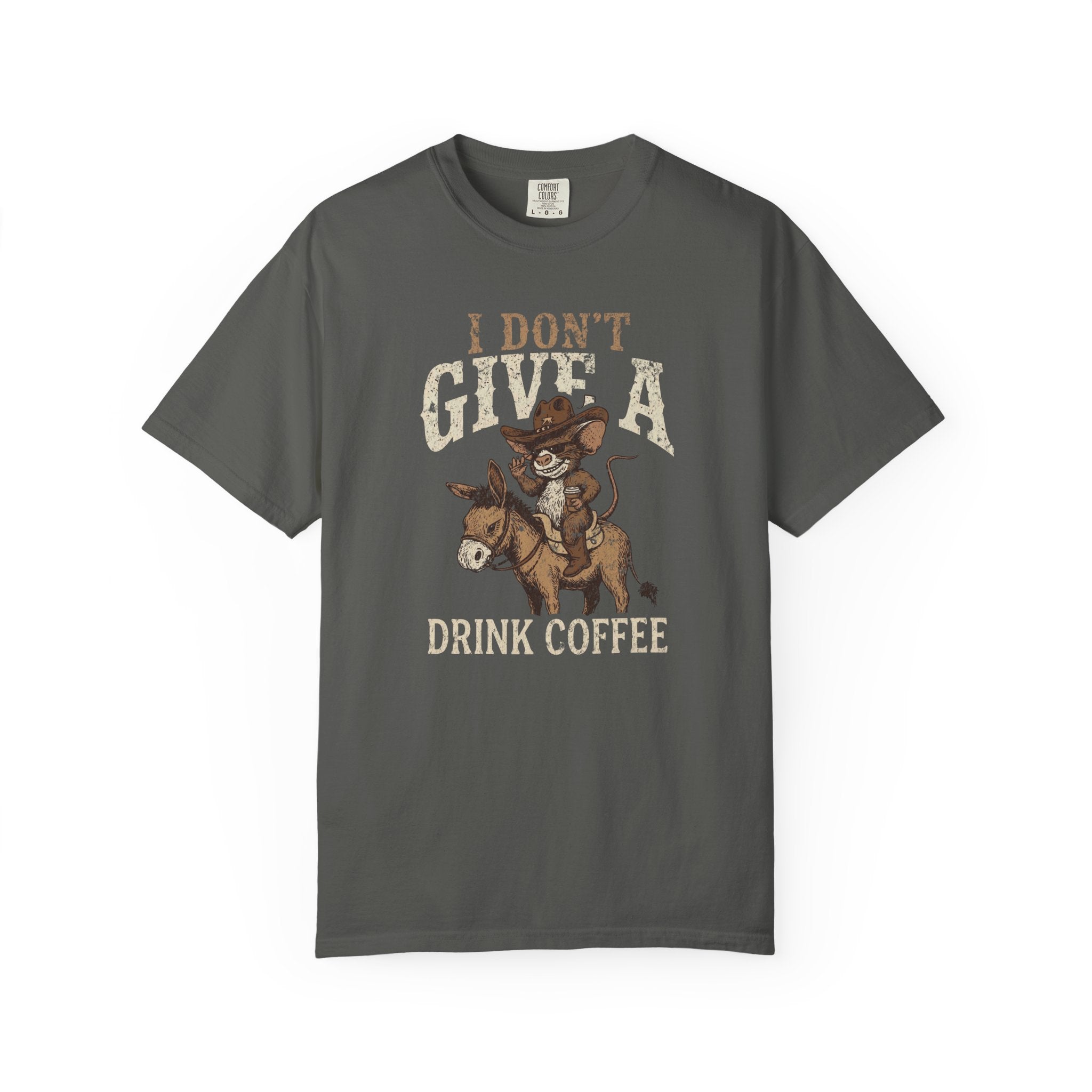 Charcoal grey unisex t-shirt with a distressed graphic of a cowboy rat riding a donkey.