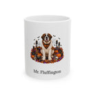 Personalized St. Bernard dog Halloween mug, 11oz white ceramic, with custom pet name on front