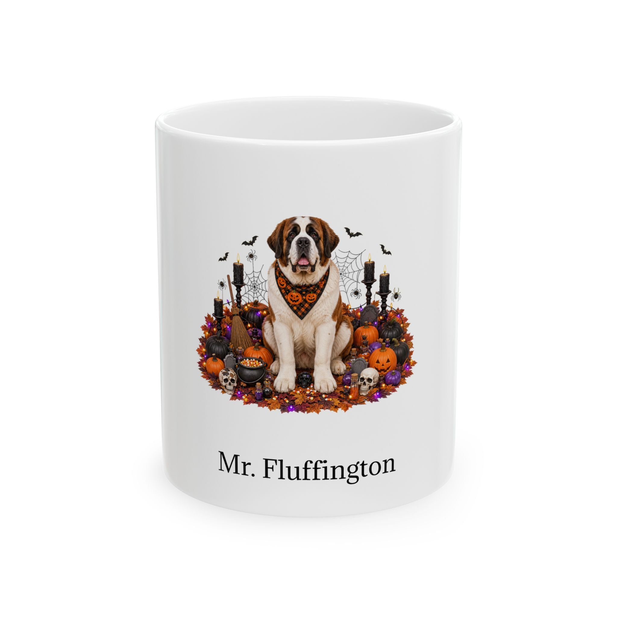 Personalized St. Bernard dog Halloween mug, 11oz white ceramic, with custom pet name on front