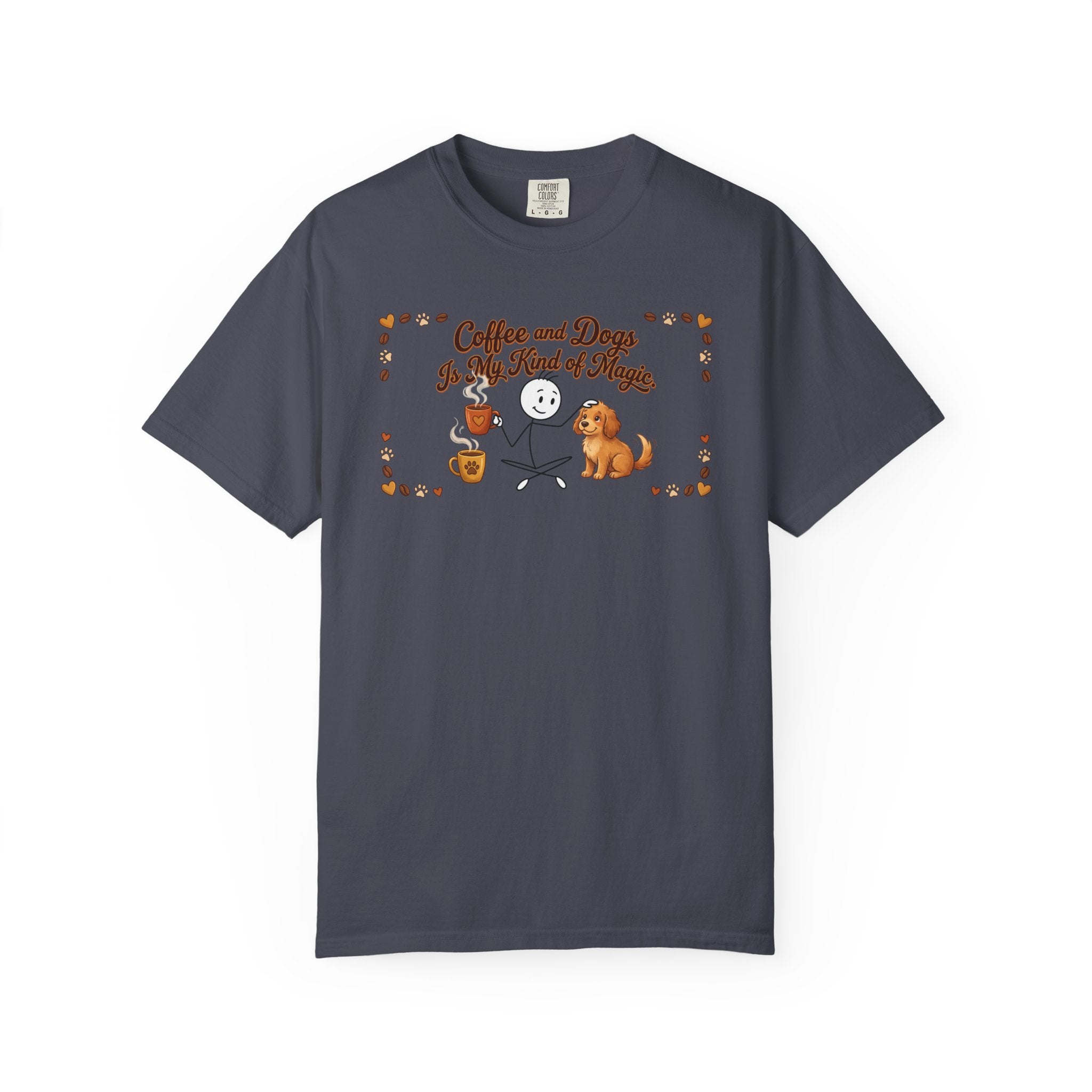 Dark grey t-shirt featuring a stick figure with a dog and coffee mugs with the text Coffee and Dogs