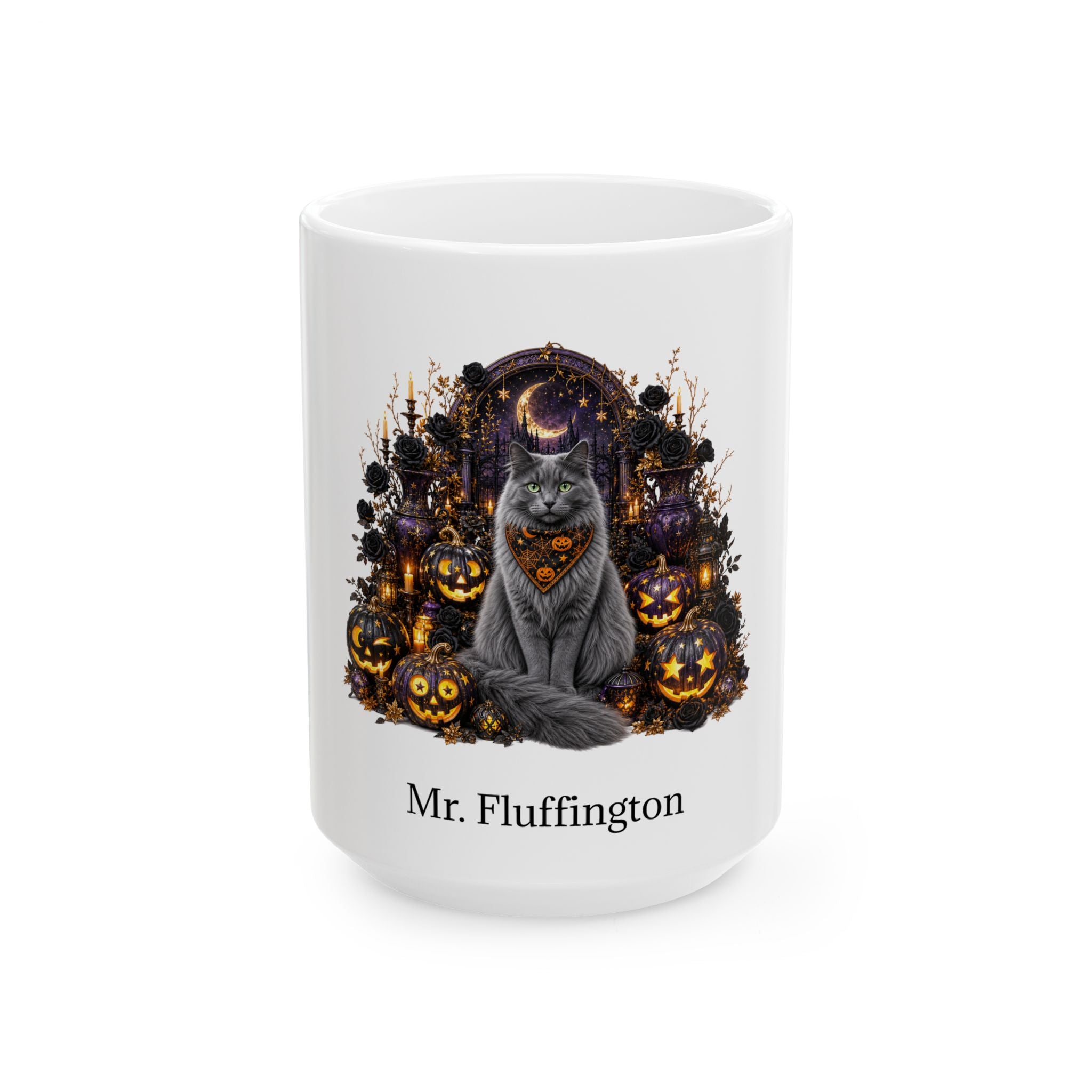 Personalized Nebelung cat Halloween mug, 15oz white ceramic, with custom pet name on front