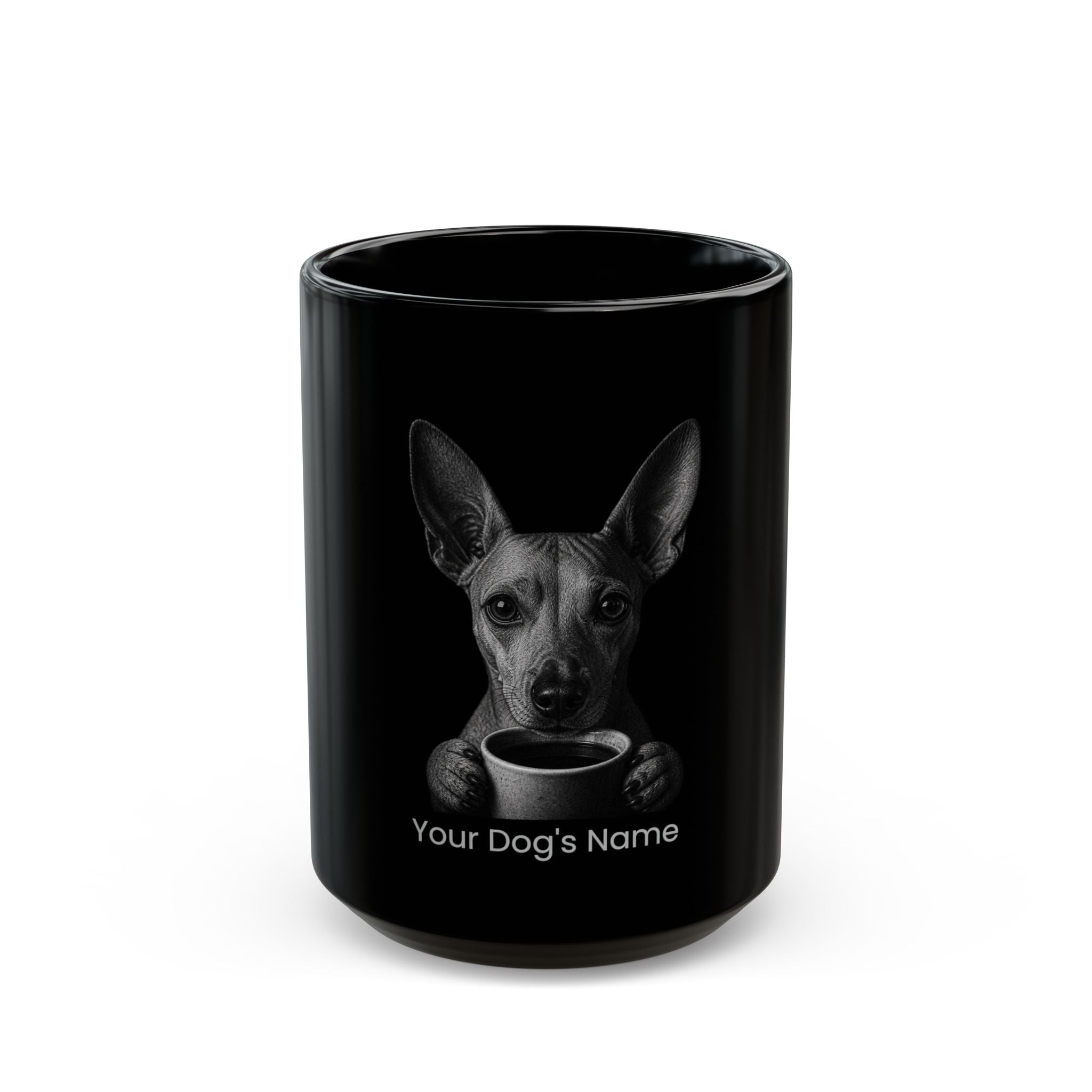 Personalized Peruvian Inca Orchid black ceramic coffee mug with custom dog name