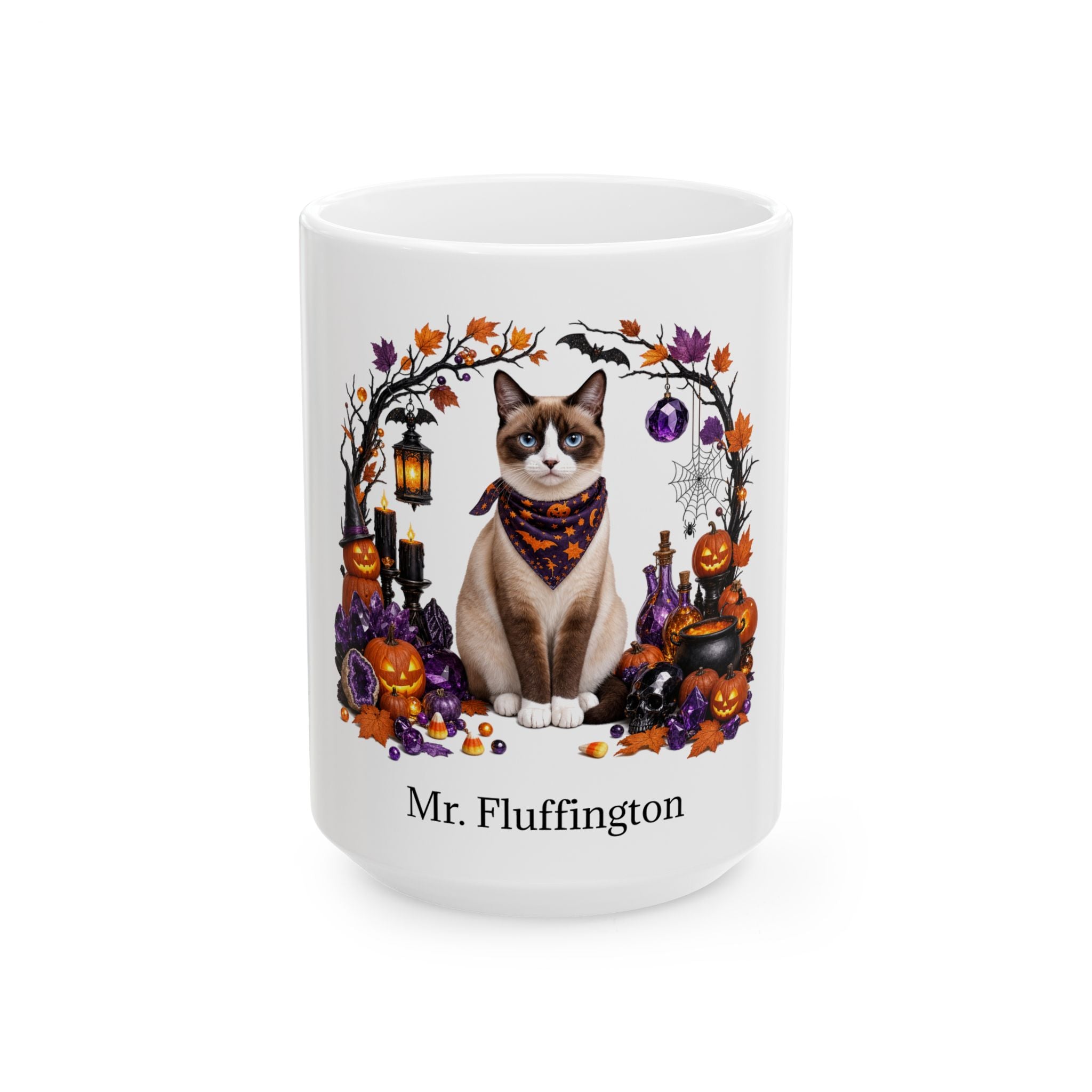 Angled Snowshoe cat Halloween mug with personalized pet name and fall design — image 3