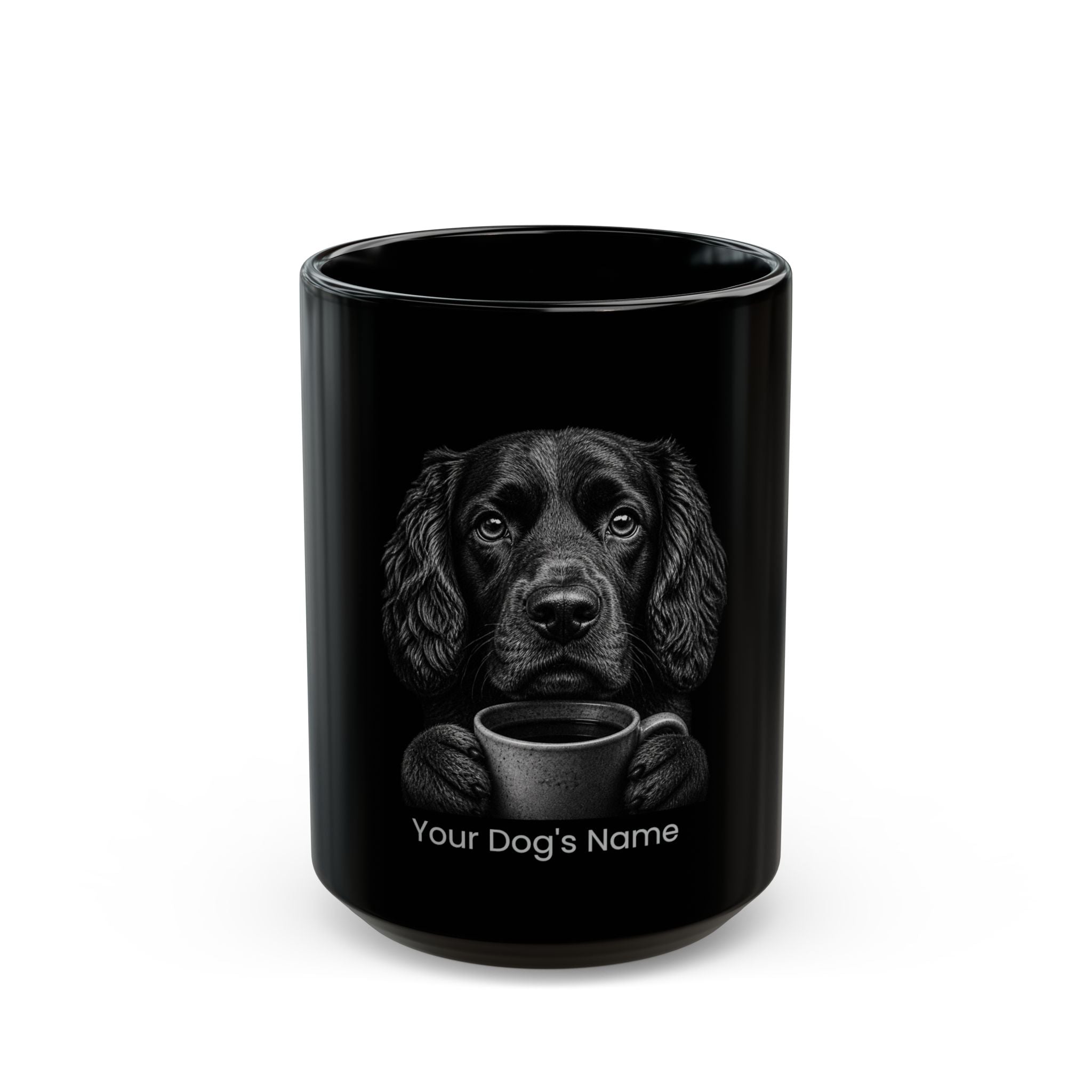 Personalized Boykin Spaniel black ceramic coffee mug with custom dog name