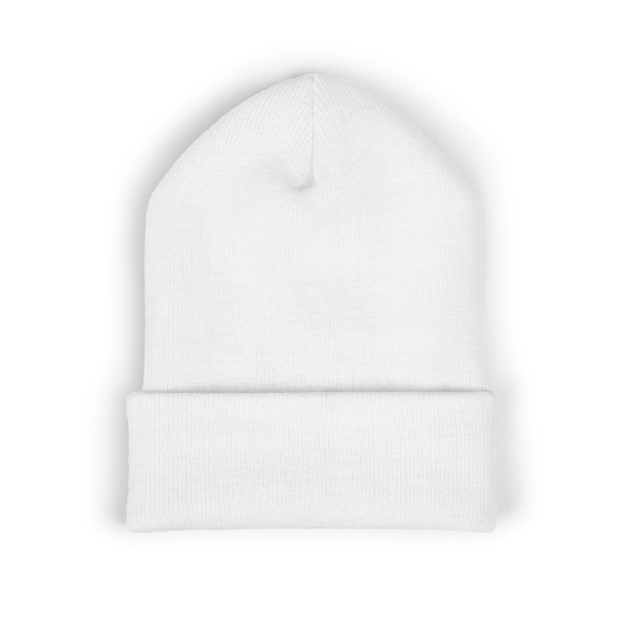 White cuffed knit beanie with a small embroidered coffee bean detail.