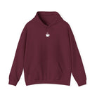 A maroon long-sleeve hoodie featuring a small white coffee cup icon on the center chest.