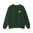 A dark green crewneck sweatshirt featuring a small white steaming coffee cup icon on the chest.