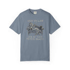Blue Comfort Colors 1717 t-shirt with a vintage coffee bean graphic and text.