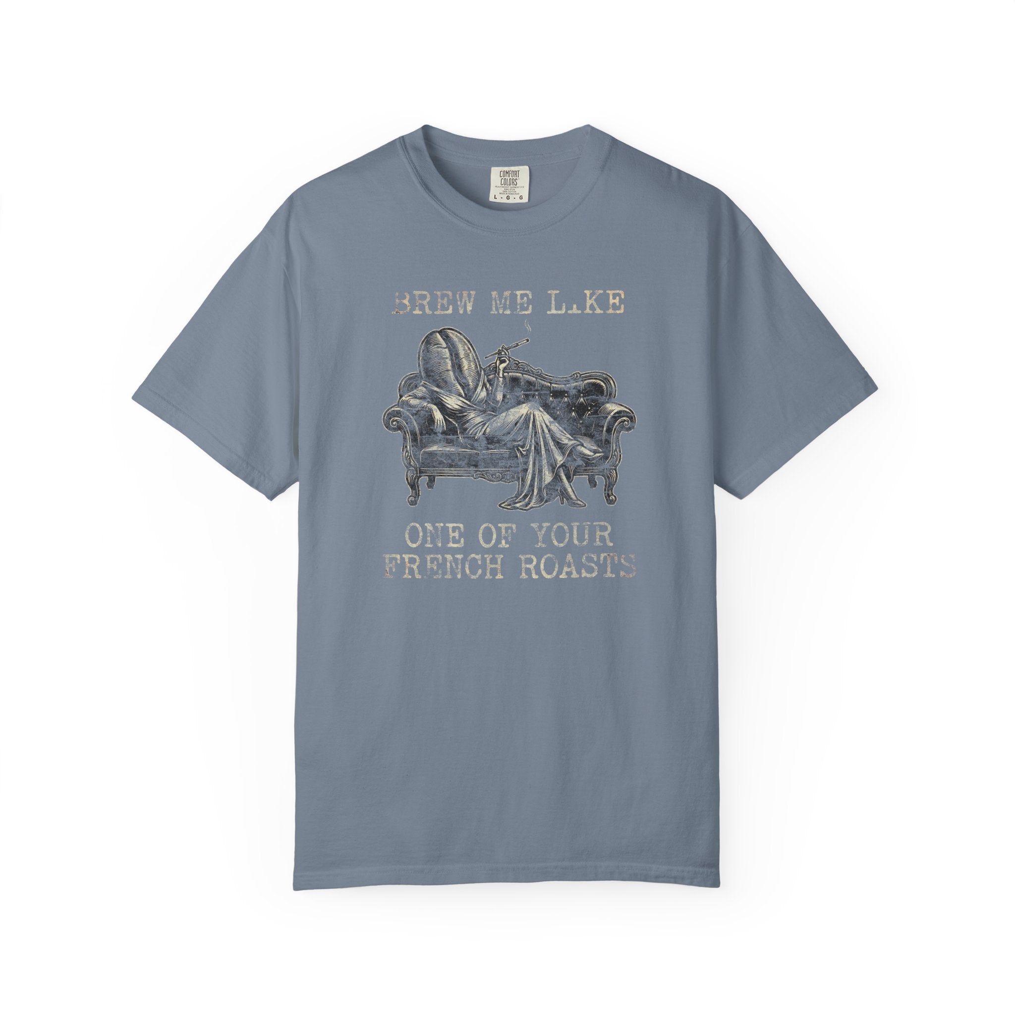 Blue Comfort Colors 1717 t-shirt with a vintage coffee bean graphic and text.