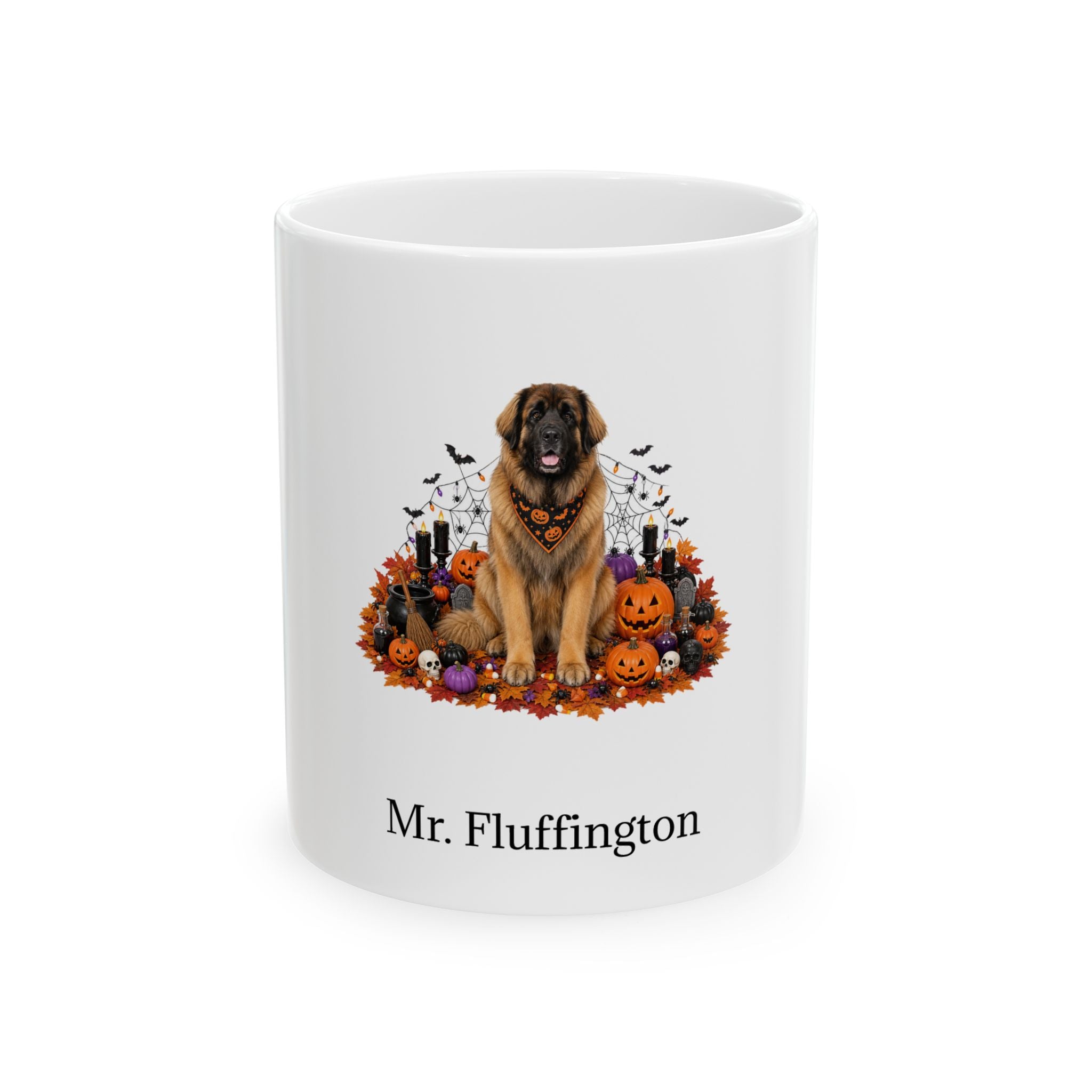 Personalized Leonberger dog Halloween mug, 11oz white ceramic, with custom pet name on front