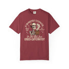 Red t-shirt featuring a graphic of a skeleton wearing a headband and holding a steaming coffee mug.