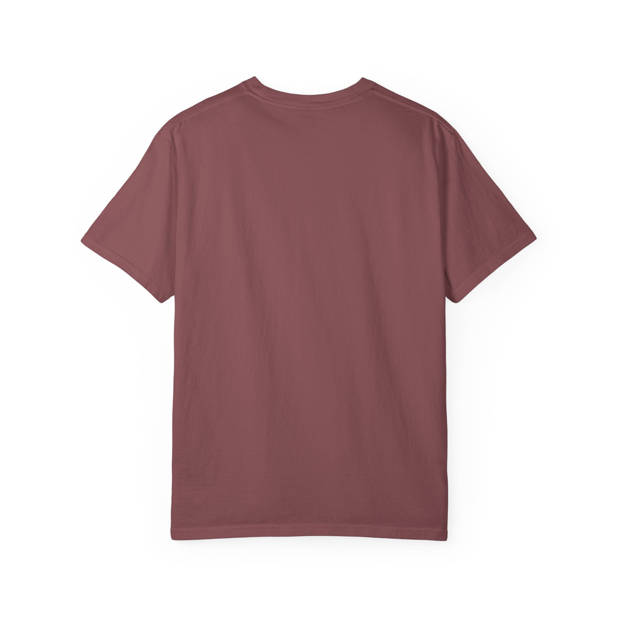 Back view of a plain maroon short-sleeved t-shirt.