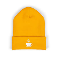 Embroidered coffee cup cuffed beanie in yellow.