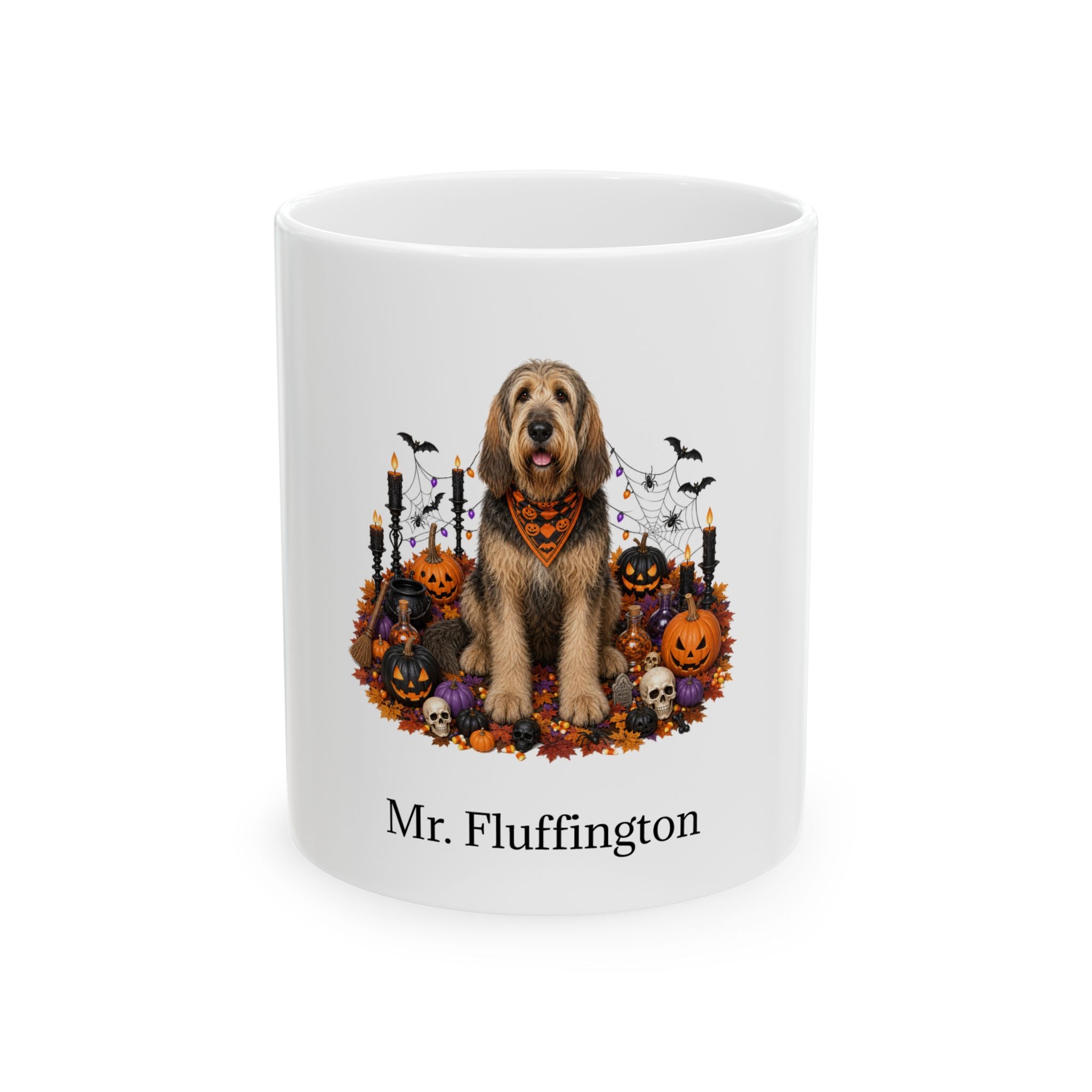 Personalized Otterhound dog Halloween mug, 11oz white ceramic, with custom pet name on front