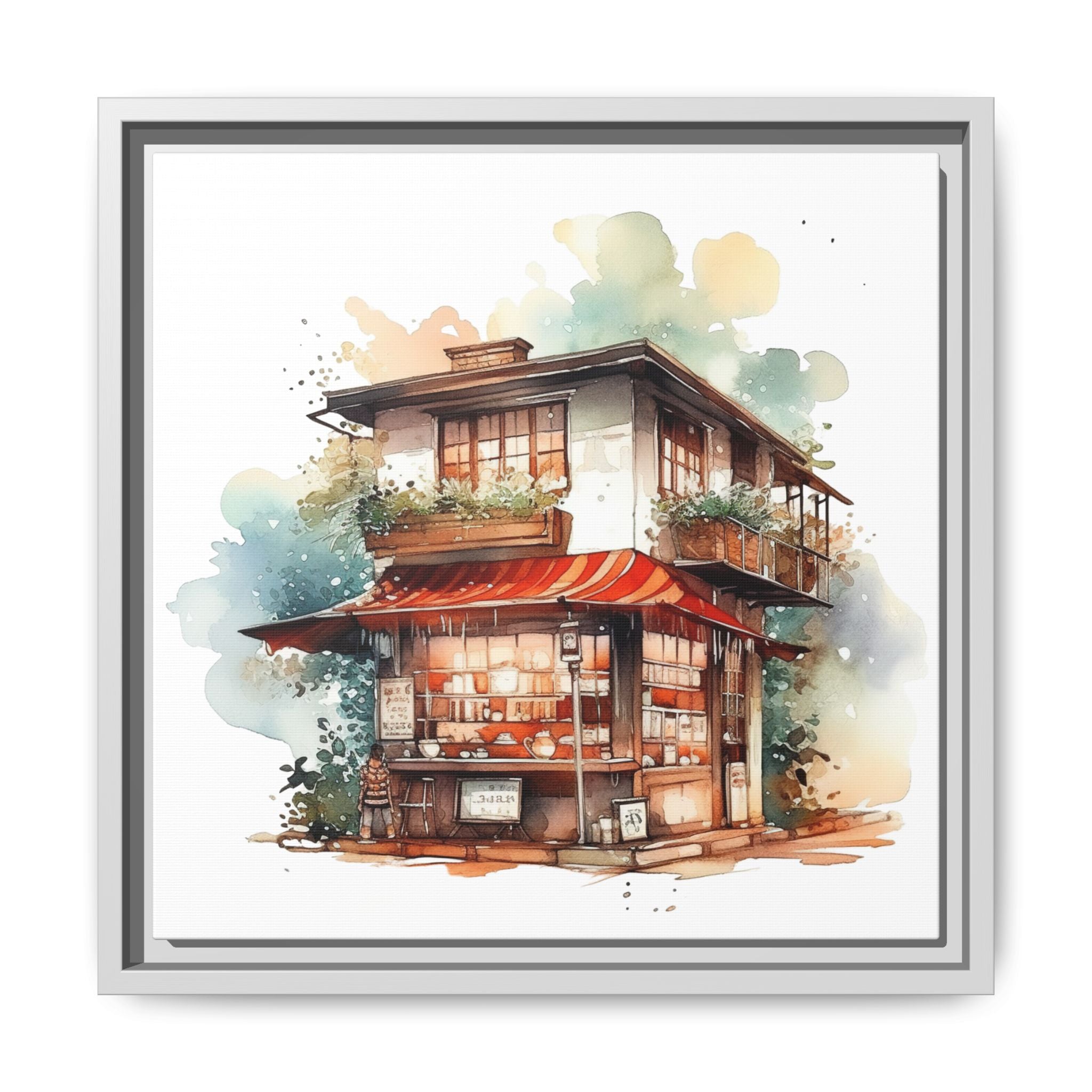 Watercolor Corner Shop Framed Matte Canvas Wall Art - 14x14