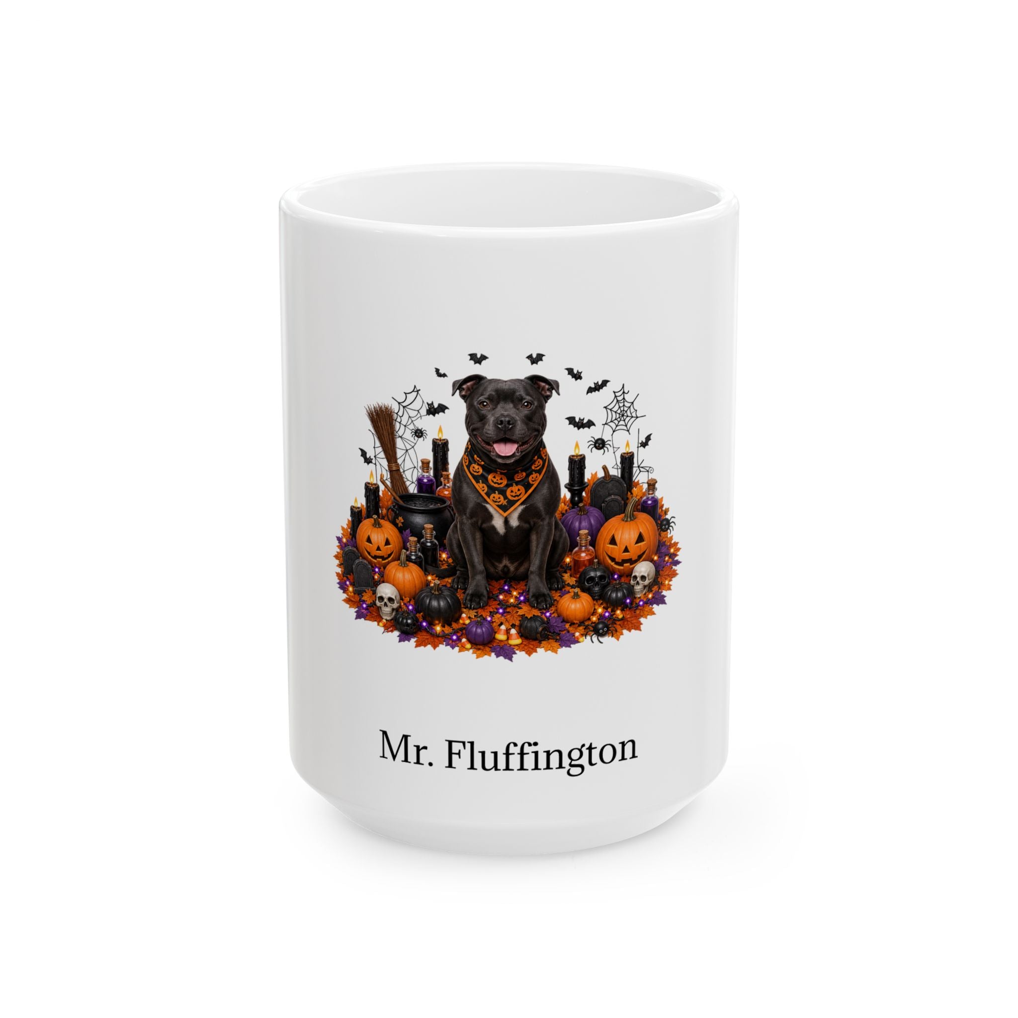 Personalized Staffordshire Bull Terrier dog Halloween mug, 11oz white ceramic, with custom pet name on front