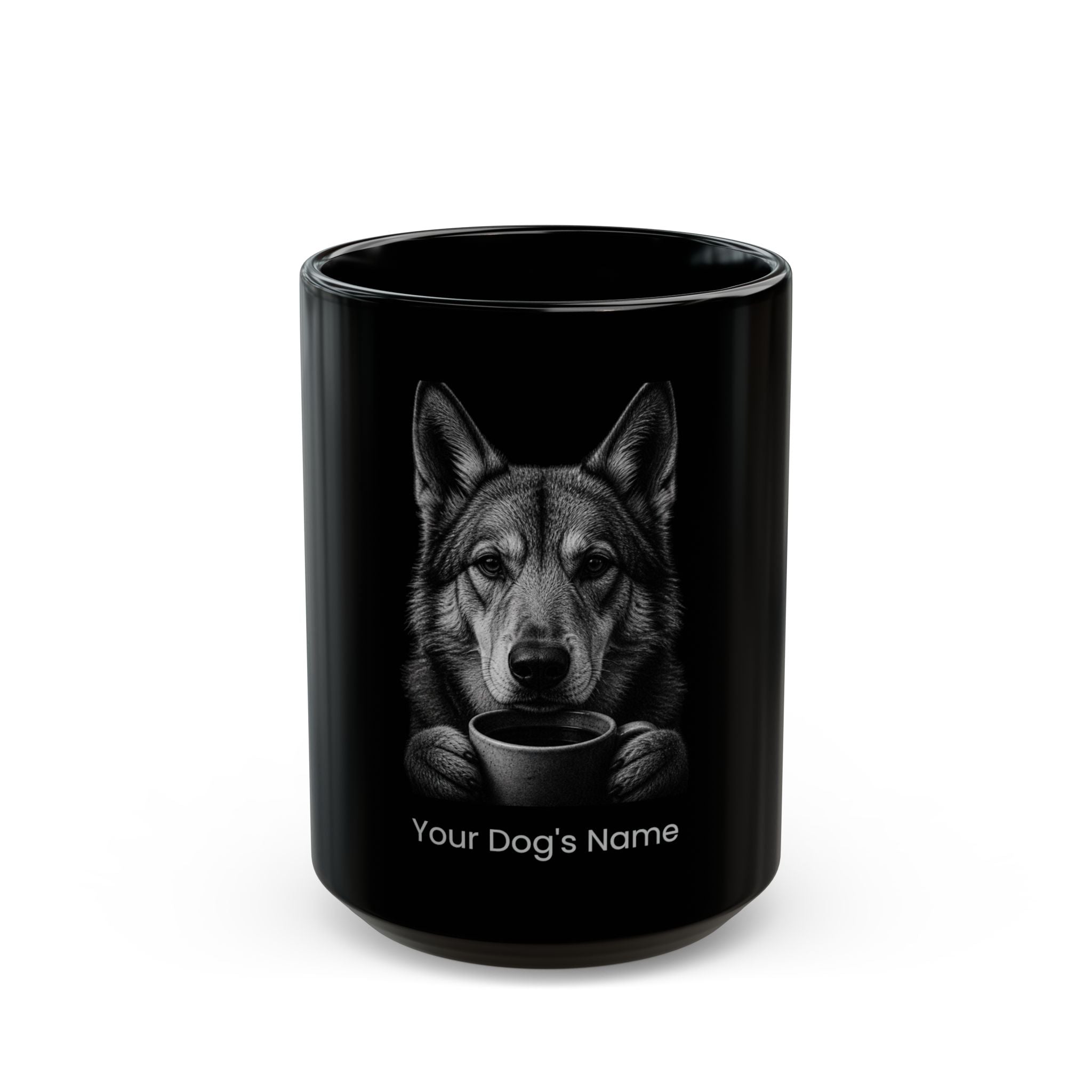 Personalized Saarloos Wolfdog black ceramic coffee mug with custom dog name