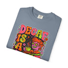 Grey t-shirt featuring a retro, psychedelic graphic with the text Decaf Is A Joke.
