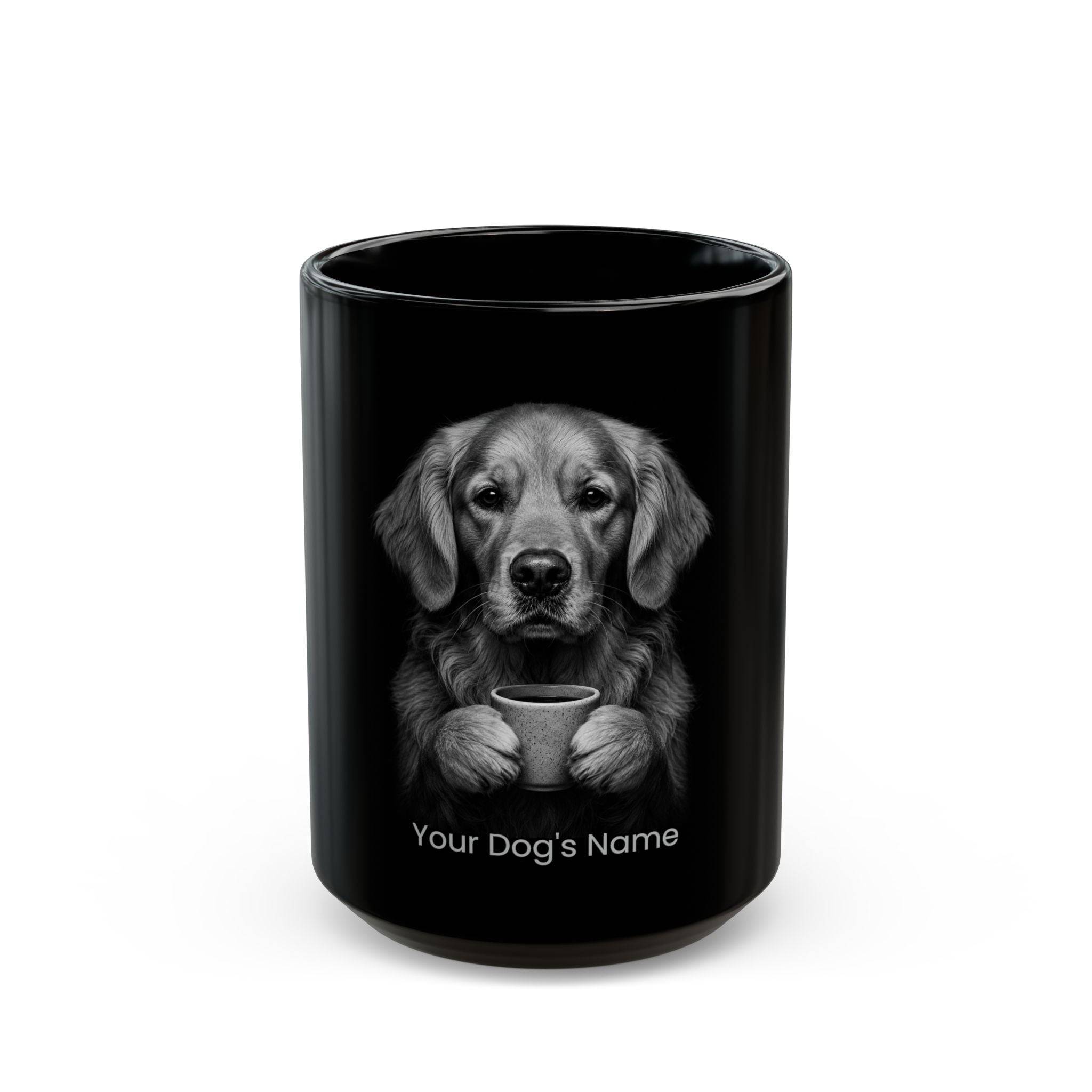 Personalized Golden Retriever black ceramic coffee mug with custom dog name