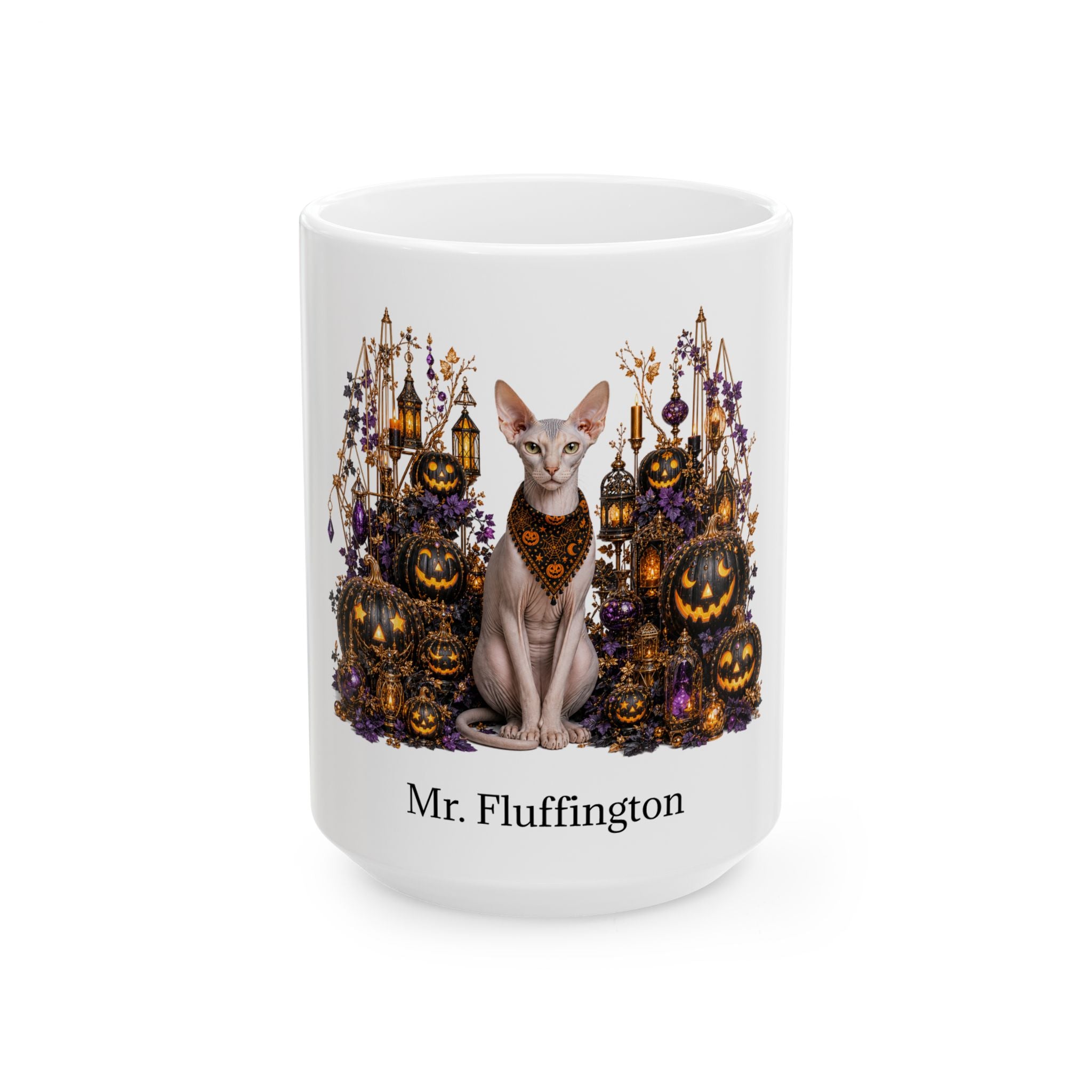 Angled Peterbald cat Halloween mug with personalized pet name and fall design — image 3