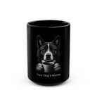 Personalized American Akita black ceramic coffee mug with custom dog name