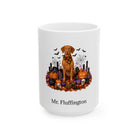 Personalized Vizsla dog Halloween mug, 15oz white ceramic, with custom pet name on front
